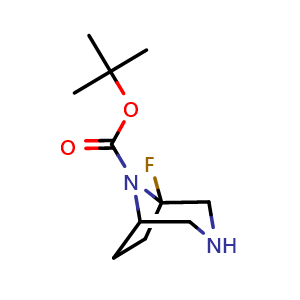 Chemical structure of tert-Butyl 1-fluoro-3,8-diazabicyclo[3.2.1]octane-8-carboxylate , CAS 2852765-79-6, AChemBlock AD289012