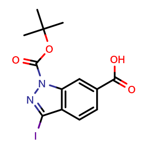 Chemical structure of 1-(tert-Butoxycarbonyl)-3-iodo-1H-indazole-6-carboxylic acid , CAS 1799420-87-3, AChemBlock AD289013