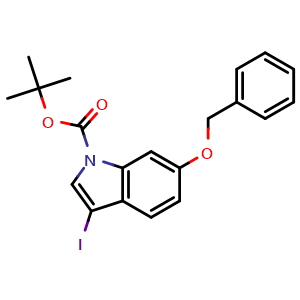 Chemical structure of tert-Butyl 6-(benzyloxy)-3-iodo-1H-indole-1-carboxylate , CAS 914349-30-7, AChemBlock AD289020
