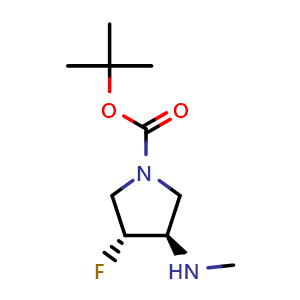 Chemical structure of tert-butyl (3R,4R)-3-fluoro-4-(methylamino)pyrrolidine-1-carboxylate , CAS 1932395-66-8, AChemBlock AD289025