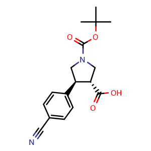 Chemical structure of (3R,4S)-1-(tert-butoxycarbonyl)-4-(4-cyanophenyl)pyrrolidine-3-carboxylic acid , CAS 1217702-50-5, AChemBlock AD289028
