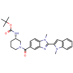 Chemical structure of tert-Butyl (S)-(1-(1-methyl-2-(1-methyl-1H-indol-2-yl)-1H-benzo[d]imidazole-5-carbonyl)piperidin-3-yl)carbamate , CAS 2048228-89-1, AChemBlock AD289034