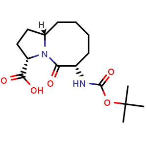 Chemical structure of (3S,6S,10aS)-6-(Boc-amino)-5-oxodecahydropyrrolo[1,2-a]azocine-3-carboxylic acid , CAS 957134-90-6, AChemBlock AD289035