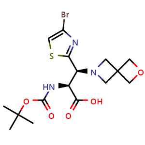 Chemical structure of (2S,3S)-3-(4-Bromothiazol-2-yl)-2-(Boc-amino)-3-(2-oxa-6-azaspiro[3.3]heptan-6-yl)propanoic acid , CAS 3082419-83-5, AChemBlock AD289046