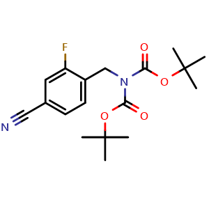Chemical structure of tert-butyl N-[(tert-butoxy)carbonyl]-N-[(4-cyano-2-fluorophenyl)methyl]carbamate , CAS 1196152-39-2, AChemBlock AD289048