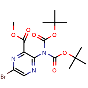 Chemical structure of methyl 3-(bis(tert-butoxycarbonyl)amino)-6-bromopyrazine-2-carboxylate , CAS 1225064-15-2, AChemBlock AD289050
