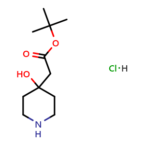 Chemical structure of tert-Butyl 2-(4-hydroxypiperidin-4-yl)acetate hydrochloride , CAS 2891766-50-8, AChemBlock AD289062