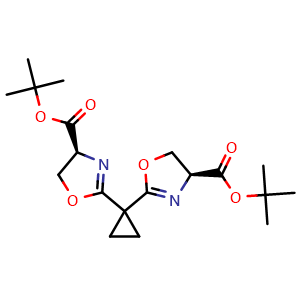 Chemical structure of di-tert-Butyl 2,2'-(Cyclopropane-1,1-diyl)(4S,4'S)-bis(4,5-dihydrooxazole-4-carboxylate) , CAS 2328084-27-9, AChemBlock AD289079