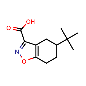 Chemical structure of 5-tert-Butyl-4,5,6,7-tetrahydro-1,2-benzoxazole-3-carboxylic acid , CAS 832684-43-2, AChemBlock AD289083
