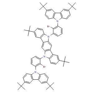 Chemical structure of 5,11-Bis[2-bromo-3-(3,6-di-tert-butyl-9H-carbazol-9-yl)phenyl]-2,8-di-tert-butyl-5,11-dihydroindolo[3,2-b]carbazole , CAS 2597131-03-6, AChemBlock AD289089