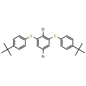 Chemical structure of (2,5-Dibromo-1,3-phenylene)bis[[4-(tert-butyl)phenyl]sulfane] , CAS 2773550-45-9, AChemBlock AD289094