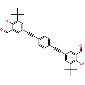 Chemical structure of 5,5'-(1,4-Phenylenebis(ethyne-2,1-diyl))bis(3-(tert-butyl)-2-hydroxybenzaldehyde) , CAS 705930-82-1, AChemBlock AD289101