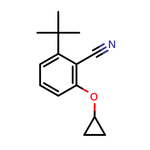 Chemical structure of 2-tert-butyl-6-cyclopropoxybenzonitrile , CAS 1243464-51-8, AChemBlock AD289115