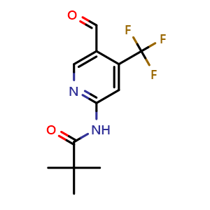 Chemical structure of N-(5-formyl-4-(trifluoromethyl)pyridin-2-yl)pivalamide , CAS 1494684-35-3, AChemBlock AD289122