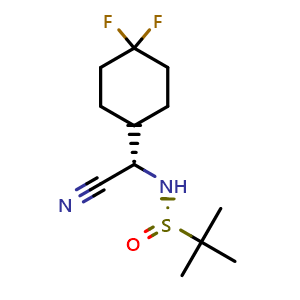 Chemical structure of (S)-N-((S)-Cyano(4,4-difluorocyclohexyl)methyl)-2-methylpropane-2-sulfinamide , CAS 2736448-99-8, AChemBlock AD289135