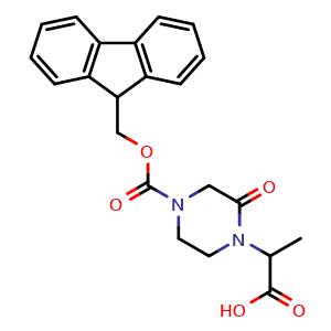 Chemical structure of 2-(4-(((9H-Fluoren-9-yl)methoxy)carbonyl)-2-oxopiperazin-1-yl)propanoic acid , CAS 2137493-73-1, AChemBlock AD289139