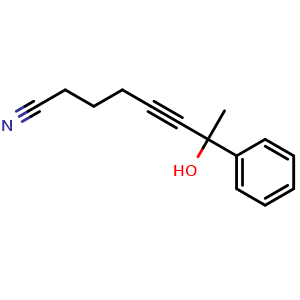 Chemical structure of 7-Hydroxy-7-phenyl-5-octynenitrile , CAS 2378660-29-6, AChemBlock AD289143