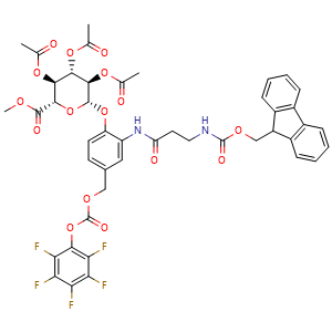 Chemical structure of methyl (2S,3S,4S,5R,6S)-3,4,5-triacetoxy-6-[2-[3-(9H-fluoren-9-ylmethoxycarbonylamino)propanoylamino]-4-[(2,3,4,5,6-pentafluorophenoxy)carbonyloxymethyl]phenoxy]tetrahydropyran-2-carboxylate , CAS 2811618-92-3, AChemBlock AD289155