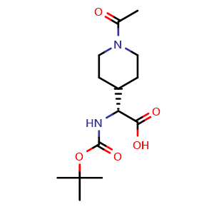 Chemical structure of (R)-2-(1-Acetyl-4-piperidyl)-2-(Boc-amino)acetic acid , CAS 2349760-99-0, AChemBlock AD289168