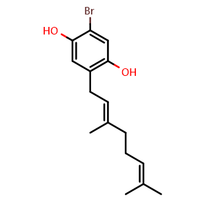 Chemical structure of 2-bromo-5-[(2E)-3,7-dimethylocta-2,6-dien-1-yl]benzene-1,4-diol , CAS 62008-14-4, AChemBlock AD289204