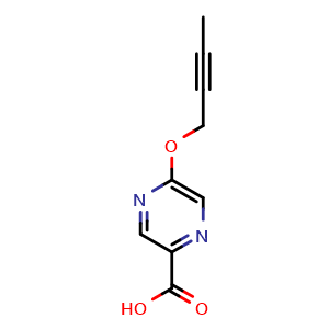 Chemical structure of 5-(but-2-ynyloxy)pyrazine-2-carboxylic acid , CAS 1221447-98-8, AChemBlock AD289209