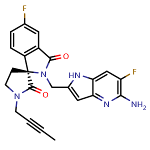 Chemical structure of (3S)-2-[(5-amino-6-fluoro-1H-pyrrolo[3,2-b]pyridin-2-yl)methyl]-1'-but-2-ynyl-6-fluoro-spiro[isoindoline-3,3'-pyrrolidine]-1,2'-dione , CAS 2918814-97-6, AChemBlock AD289210
