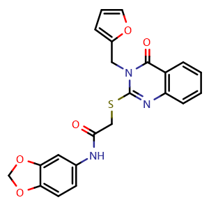 Chemical structure of N-(Benzo[d][1,3]dioxol-5-yl)-2-((3-(furan-2-ylmethyl)-4-oxo-3,4-dihydroquinazolin-2-yl)thio)acetamide , CAS 853351-76-5, AChemBlock AD289211