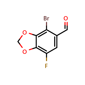 Chemical structure of 4-Bromo-7-fluorobenzo[d][1,3]dioxole-5-carbaldehyde , CAS 2667597-72-8, AChemBlock AD289213