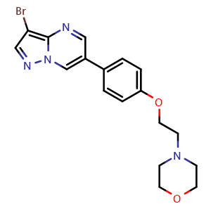 Chemical structure of 4-(2-(4-(3-Bromopyrazolo[1,5-a]pyrimidin-6-yl)phenoxy)ethyl)morpholine , CAS 1258311-28-2, AChemBlock AD289222
