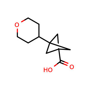 Chemical structure of 3-(Tetrahydro-2H-pyran-4-yl)bicyclo[1.1.1]pentane-1-carboxylic Acid , CAS 2758000-70-1, AChemBlock AD289231