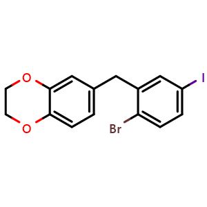 Chemical structure of 6-(2-Bromo-5-iodobenzyl)-2,3-dihydrobenzo[b][1,4]dioxine , CAS 1291094-65-9, AChemBlock AD289238