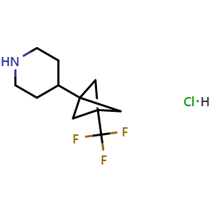 Chemical structure of 4-[3-(Trifluoromethyl)bicyclo[1.1.1]pentan-1-yl]piperidine Hydrochloride , CAS 2770359-85-6, AChemBlock AD289253