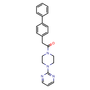 Chemical structure of 2-([1,1'-Biphenyl]-4-yl)-1-(4-(pyrimidin-2-yl)piperazin-1-yl)ethan-1-one , CAS 796977-98-5, AChemBlock AD289279
