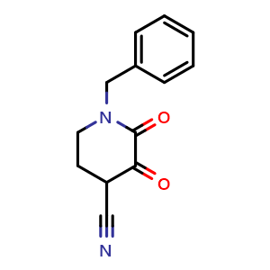 Chemical structure of 1-Benzyl-2,3-dioxopiperidine-4-carbonitrile , CAS 1346756-57-7, AChemBlock AD289305