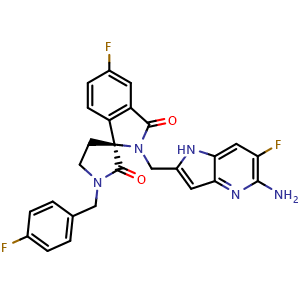 Chemical structure of (3S)-2-[(5-amino-6-fluoro-1H-pyrrolo[3,2-b]pyridin-2-yl)methyl]-6-fluoro-1'-[(4-fluorophenyl)methyl]spiro[isoindoline-3,3'-pyrrolidine]-1,2'-dione , CAS 2918814-96-5, AChemBlock AD289306