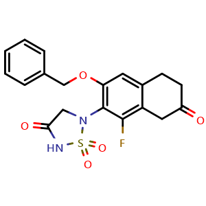 Chemical structure of 5-[3-(Benzyloxy)-1-fluoro-7-oxo-5,6,7,8-tetrahydronaphthalen-2-yl]-1,2,5-thiadiazolidin-3-one 1,1-Dioxide , CAS 2489408-44-6, AChemBlock AD289344