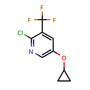 Chemical structure of 2-chloro-5-cyclopropoxy-3-(trifluoromethyl)pyridine , CAS 1243321-87-0, AChemBlock AD289390