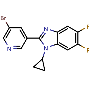 Chemical structure of 2-(5-bromopyridin-3-yl)-1-cyclopropyl-5,6-difluoro-1H-benzo[d]imidazole , CAS 1356481-49-6, AChemBlock AD289410