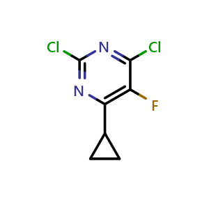 Chemical structure of 2,4-dichloro-6-cyclopropyl-5-fluoropyrimidine , CAS 1416438-39-5, AChemBlock AD289429