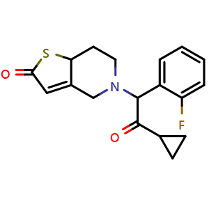 Chemical structure of 5-[2-Cyclopropyl-1-(2-fluorophenyl)-2-oxoethyl]-5,6,7,7a-tetrahydrothieno[3,2-c]pyridin-2(4H)-one , CAS 150322-38-6, AChemBlock AD289435