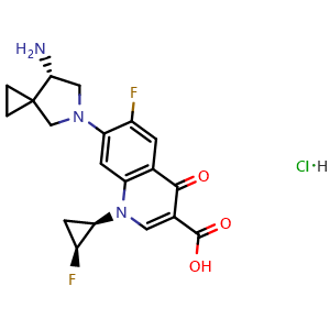 Chemical structure of 7-((S)-7-amino-5-azaspiro[2.4]heptan-5-yl)-6-fluoro-1-((1R,2S)-2-fluorocyclopropyl)-4-oxo-1,4-dihydroquinoline-3-carboxylic acid hydrochloride , CAS 147714-76-9, AChemBlock AD289437