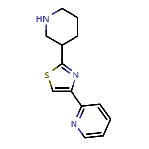 Chemical structure of 2-(piperidin-3-yl)-4-(pyridin-2-yl)thiazole , CAS 1498094-18-0, AChemBlock AD289447