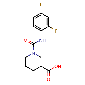 Chemical structure of 1-((2,4-Difluorophenyl)carbamoyl)piperidine-3-carboxylic acid , CAS 923207-45-8, AChemBlock AD289449