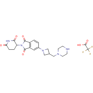 Chemical structure of 2-(2,6-Dioxopiperidin-3-yl)-5-[3-(piperazin-1-ylmethyl)azetidin-1-yl]isoindole-1,3-dione trifluoroacetic acid , CAS 2682113-67-1, AChemBlock AD289472