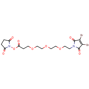 Chemical structure of 2,5-Dioxopyrrolidin-1-yl 3-[2-[2-[2-(3,4-Dibromo-2,5-dioxo-2,5-dihydro-1H-pyrrol-1-yl)ethoxy]ethoxy]ethoxy]propanoate , CAS 1537891-68-1, AChemBlock AD289480