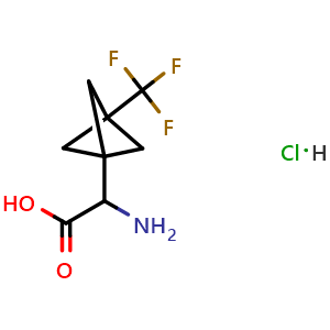 Chemical structure of 2-Amino-2-[3-(trifluoromethyl)bicyclo[1.1.1]pentan-1-yl]acetic acid hydrochloride , CAS 1955498-38-0, AChemBlock AD289511