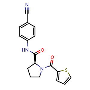 Chemical structure of (S)-N-(4-Cyanophenyl)-1-(thiophene-2-carbonyl)pyrrolidine-2-carboxamide , CAS 956256-67-0, AChemBlock AD289517