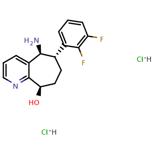 Chemical structure of (5S,6S,9R)-5-amino-6-(2,3-difluorophenyl)-6,7,8,9-tetrahydro-5H-cyclohepta[b]pyridin-9-ol dihydrochloride , CAS 1373116-07-4, AChemBlock AD289520