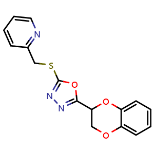 Chemical structure of 2-(2,3-Dihydrobenzo[b][1,4]dioxin-2-yl)-5-((pyridin-2-ylmethyl)thio)-1,3,4-oxadiazole , CAS 1170600-77-7, AChemBlock AD289528
