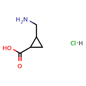 Chemical structure of 2-(Aminomethyl)cyclopropanecarboxylic acid hydrochloride , CAS 1980008-23-8, AChemBlock AD289546